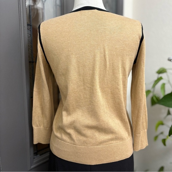 LOFT Chic Beige Knit Cardigan with Black Lace Overlay and Button Front | Size M - Picture 4 of 6